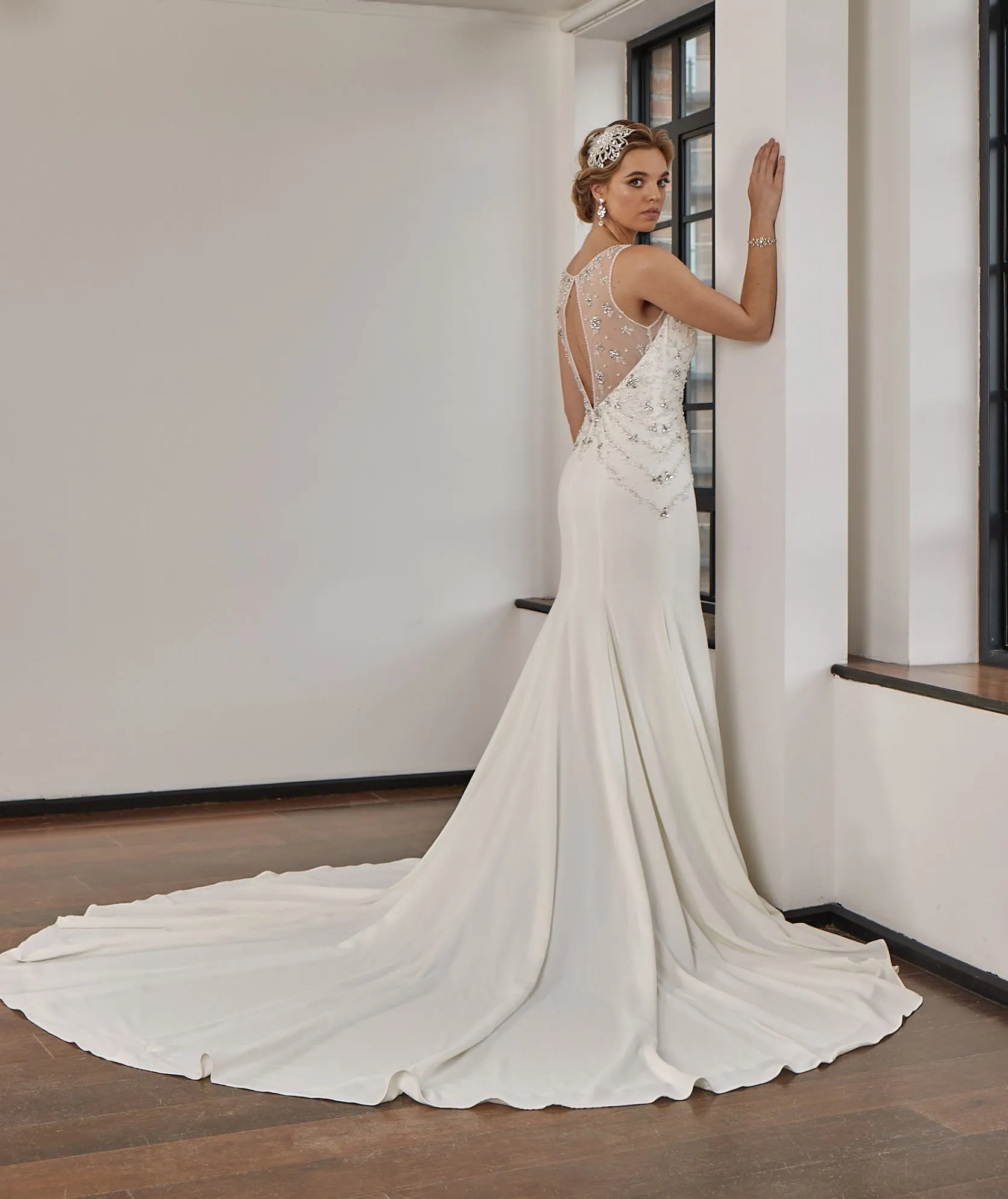 LC332 Crystal Beaded Crepe Mermaid Wedding Dress - Image 4