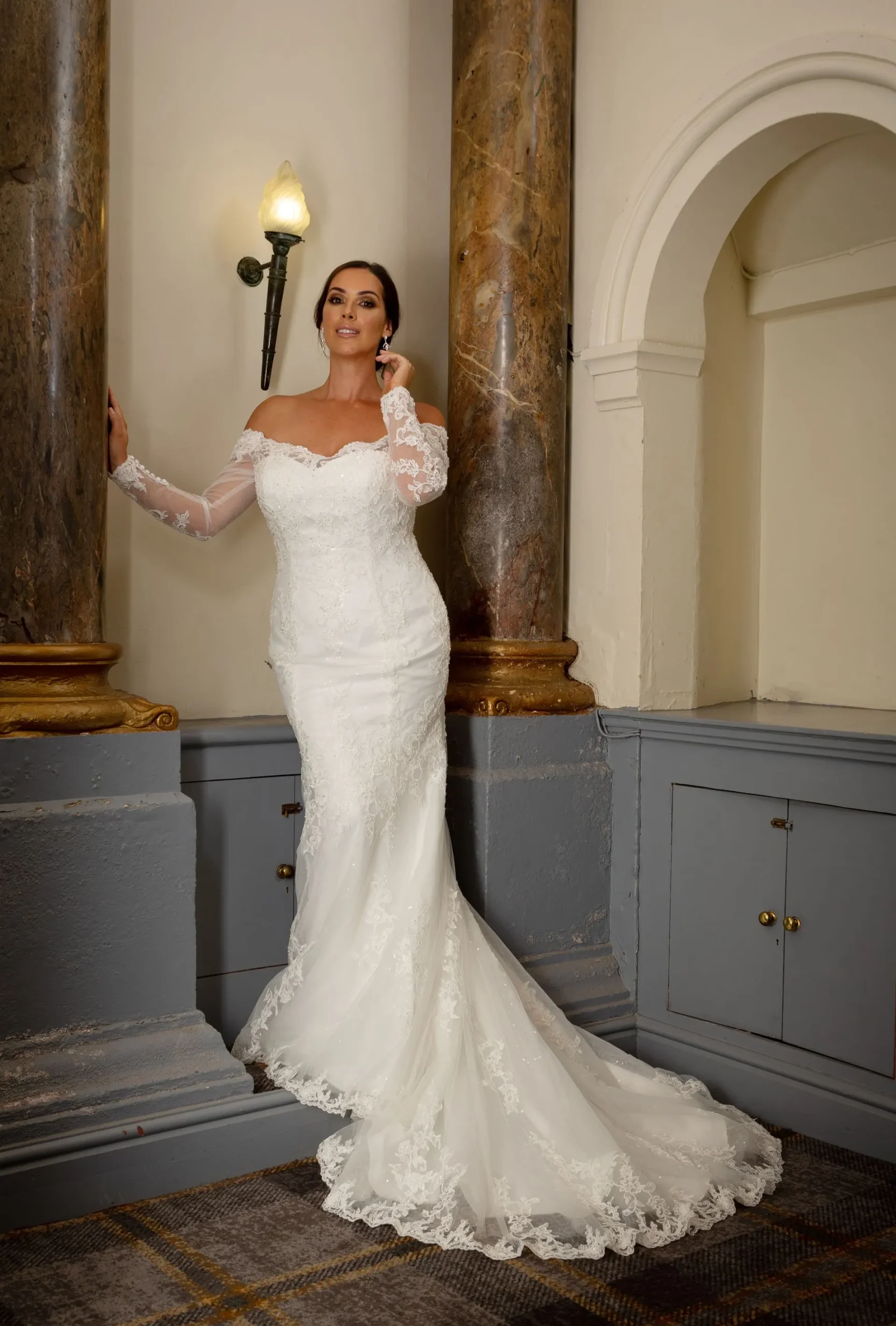 LC430 Off-the-Shoulder Lace Fit & Flare Wedding Dress