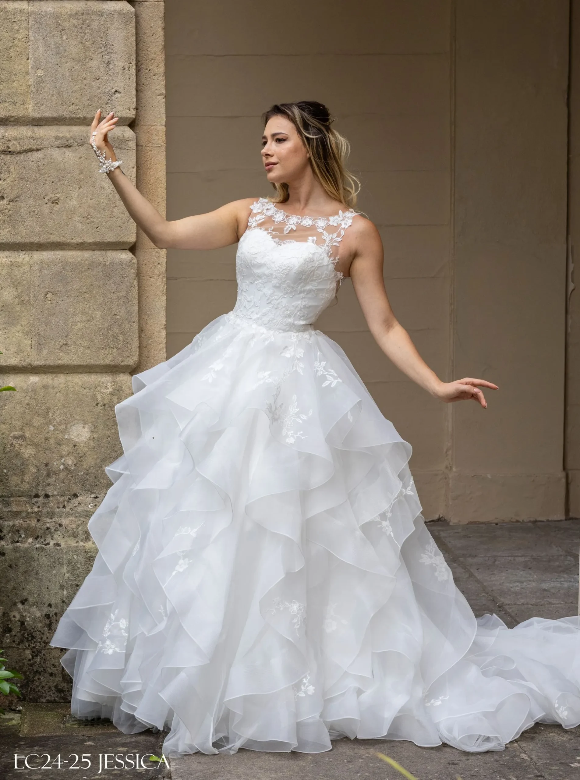 LC24-25 – Elegant Illusion Lace A-Line Organza Ballgown Wedding Dress